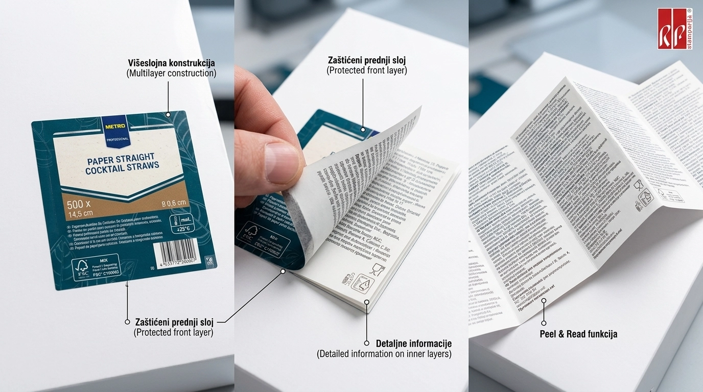 Višeslojna peel-and-reveal etiketa sa podignutim gornjim slojem na proizvodu