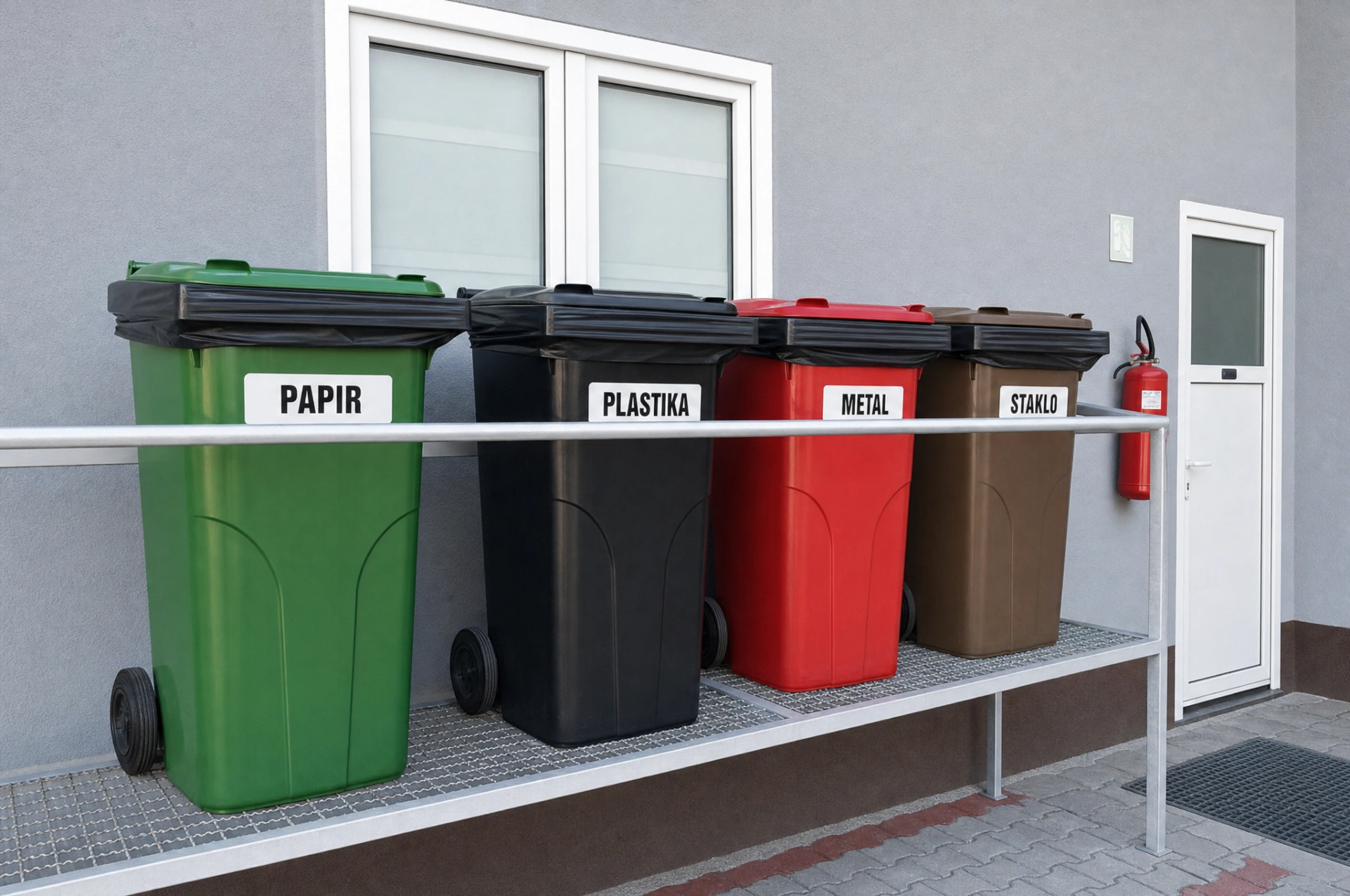 Četiri obeležene kante za selekciju otpada ispred pogona Štamparije RP: papir, plastika, metal i staklo